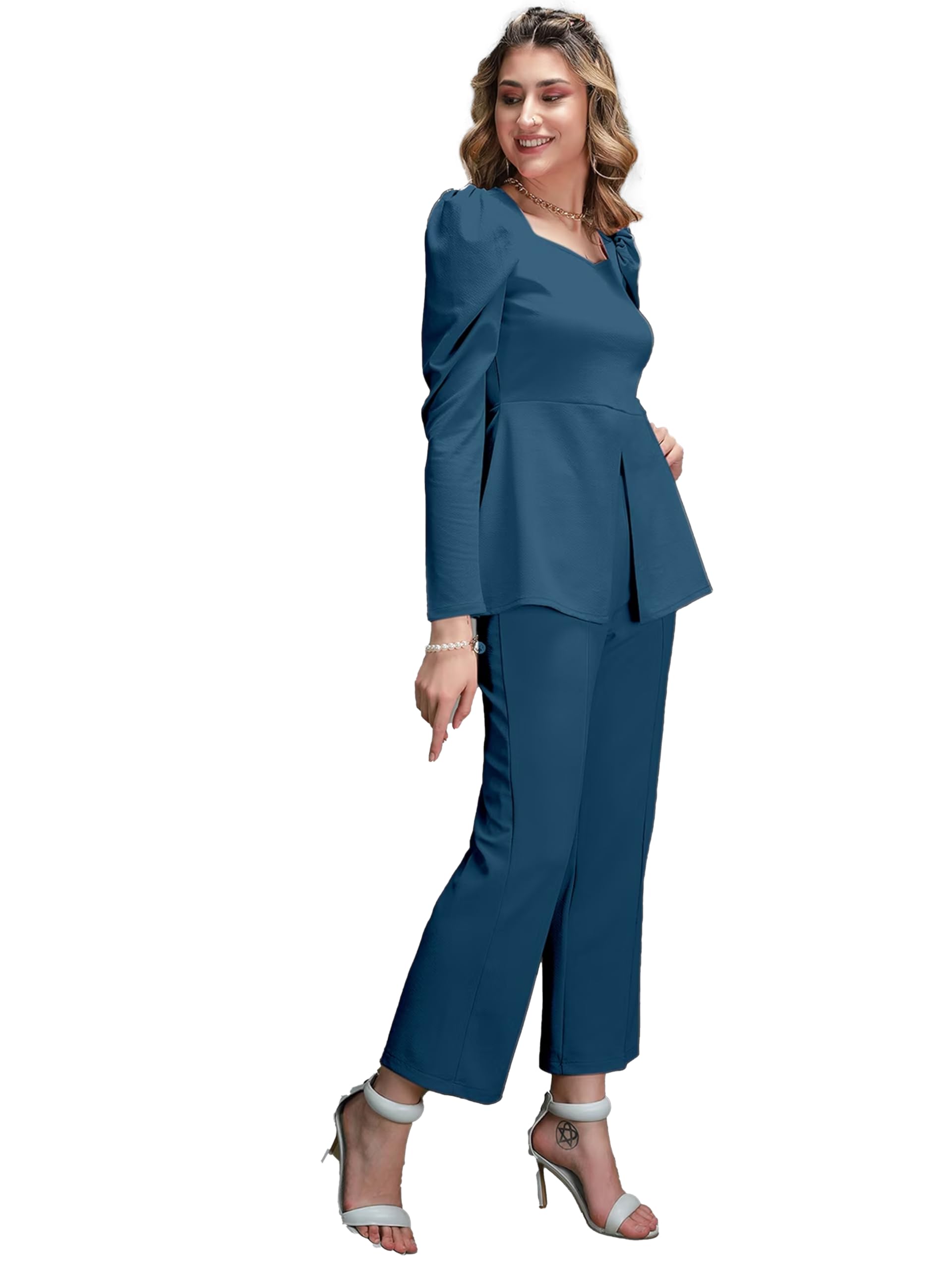 Elliti Solid Relaxed Fit Full Sleeve Co-Ord Set For Women's | Coord Sets | Top And Formal Trouser Co Ord Set For Women (Set Of 2 Piece) (Size L) (Color Air Force/Teal)