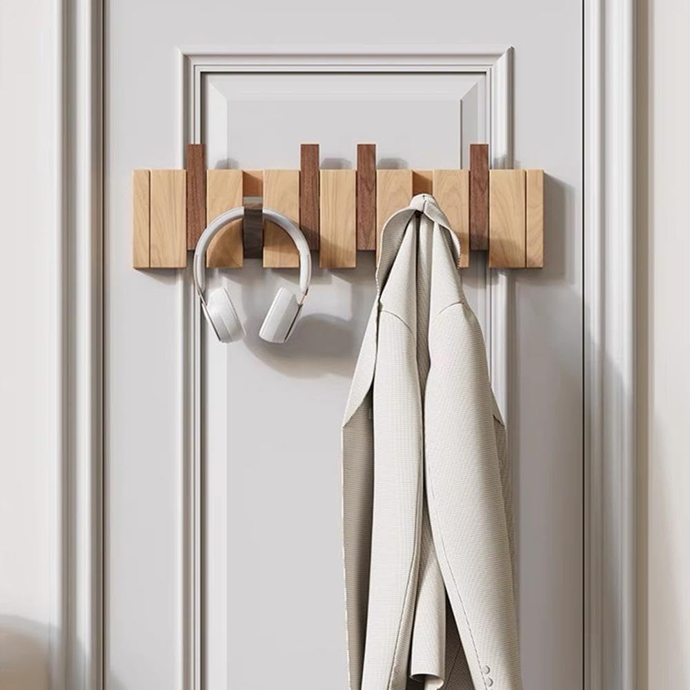 Perchero de pared de madera de nogal, ganchos en forma de piano para colgar bolsas y ropa, 4 ganchos, ideal para organización de entrada o pasillo