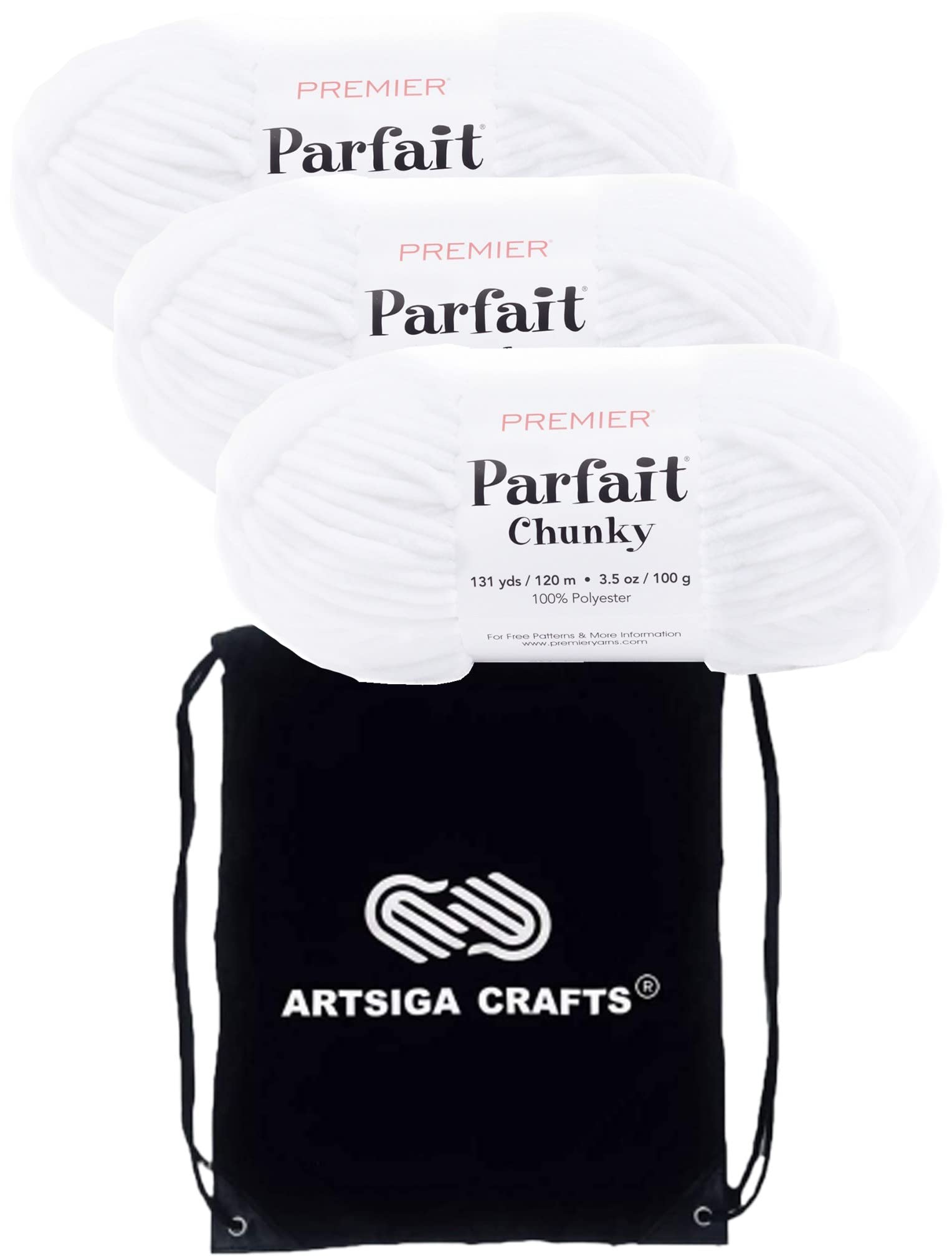 Parfait Chunky White 1150-01 (3-Skein) Same Dyelot Weight S Bulky #6 Soft Knitting Yarn 100% Polyester Bundle with 1 Artsiga Craft Bag