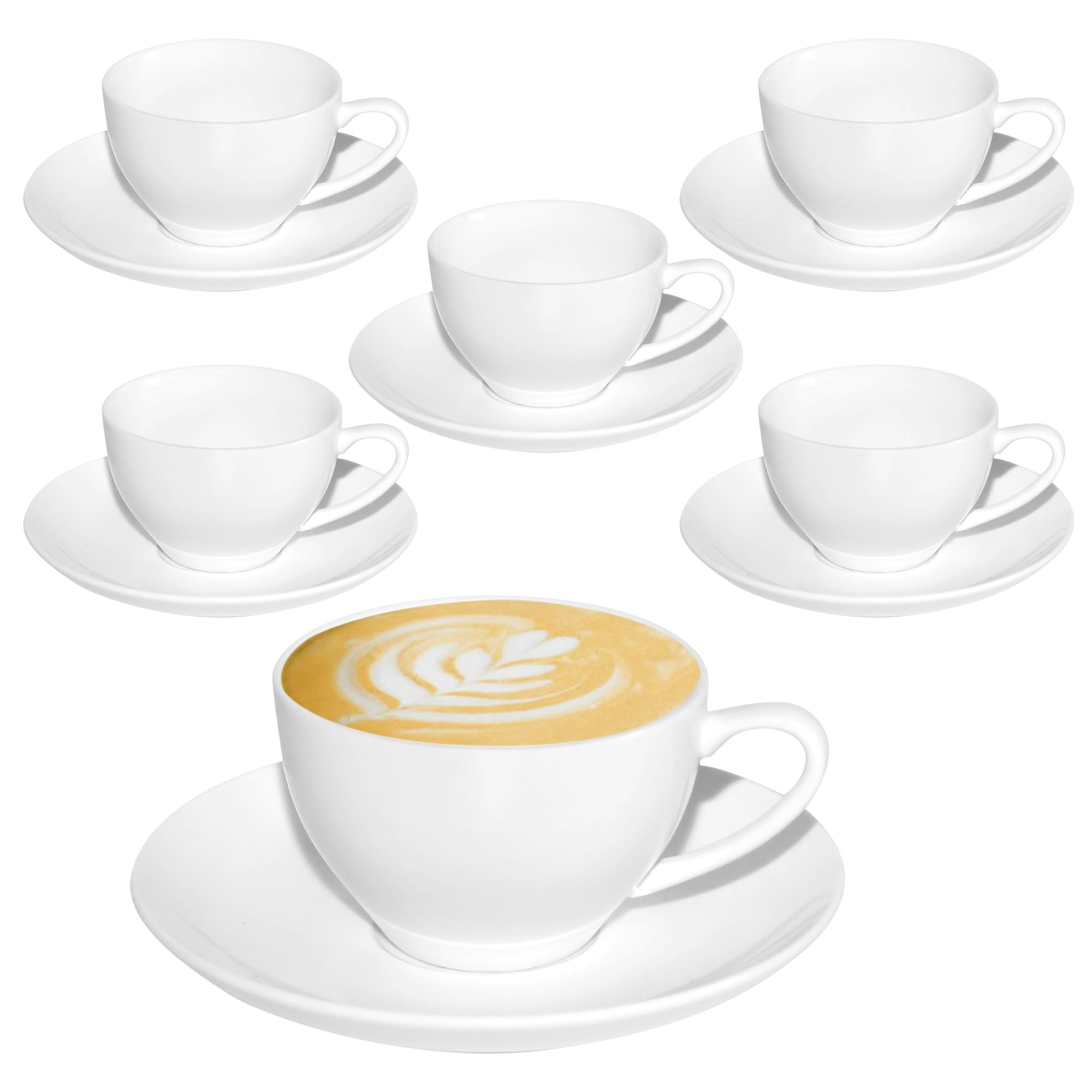 6 Stück Cappuccino Tassen Set 170 ml, Weiß Kaffeetassen mit Untertassen, Cappuccinotassen Porzellan Spülmaschinenfest Milchkaffee Tassen