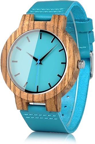 BOBO BIRD Reloj de madera de bambú para hombre y mujer con correa de piel de vacuno azul relojes casuales para amor con caja