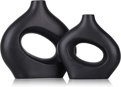 Moderno juego de jarrones de cerámica en blanco y negro para decoración del hogar, jarrón circular de cerámica de hierba de las pampas para