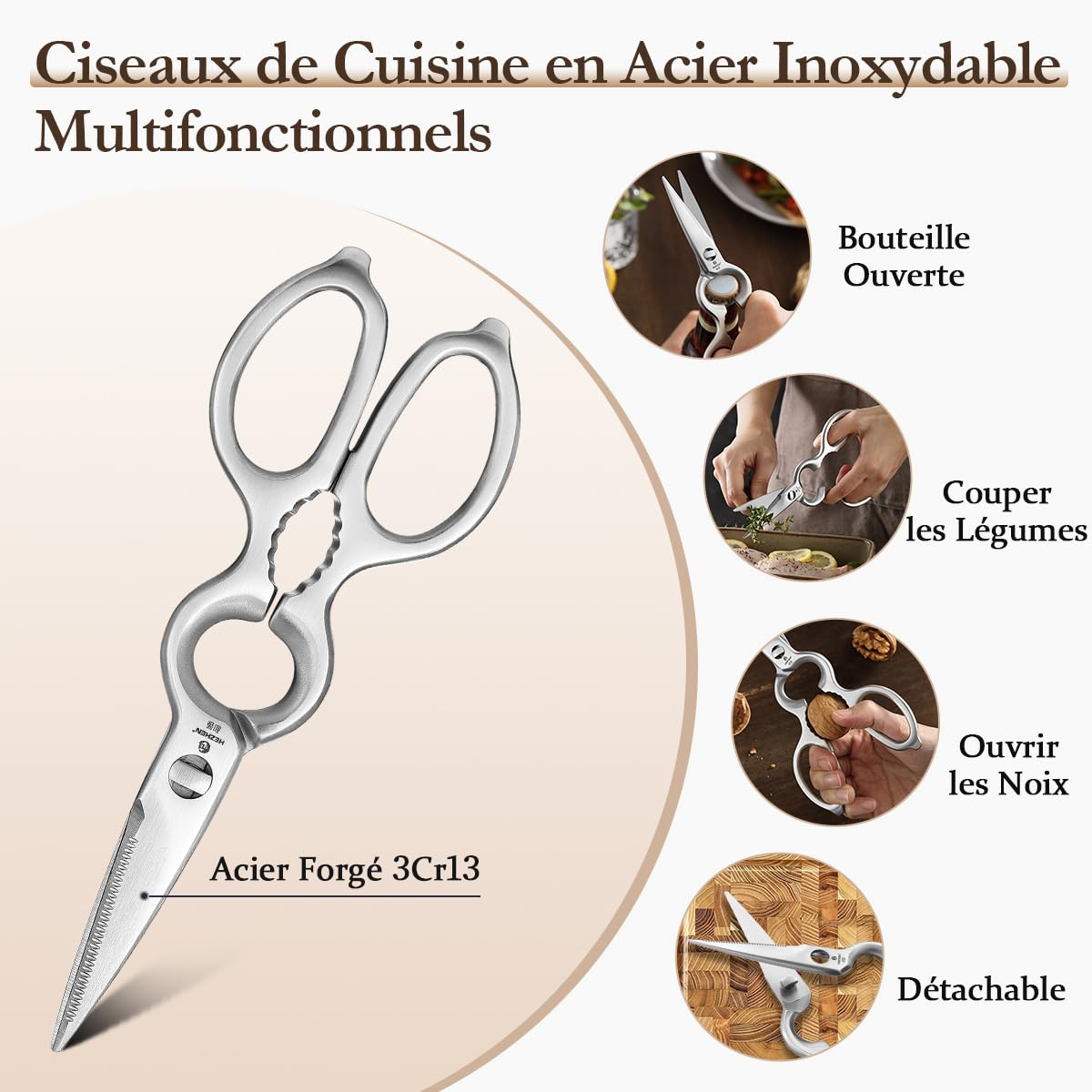 HEZHEN Blocs Couteaux Ensembles de Couteaux de Chef, Set de Couteaux de Cuisine avec Bloc de Couteaux en Bois D'Acacia, Ciseaux de Cuisine en Acier Inoxydable, Avec Fusil à Aiguiser