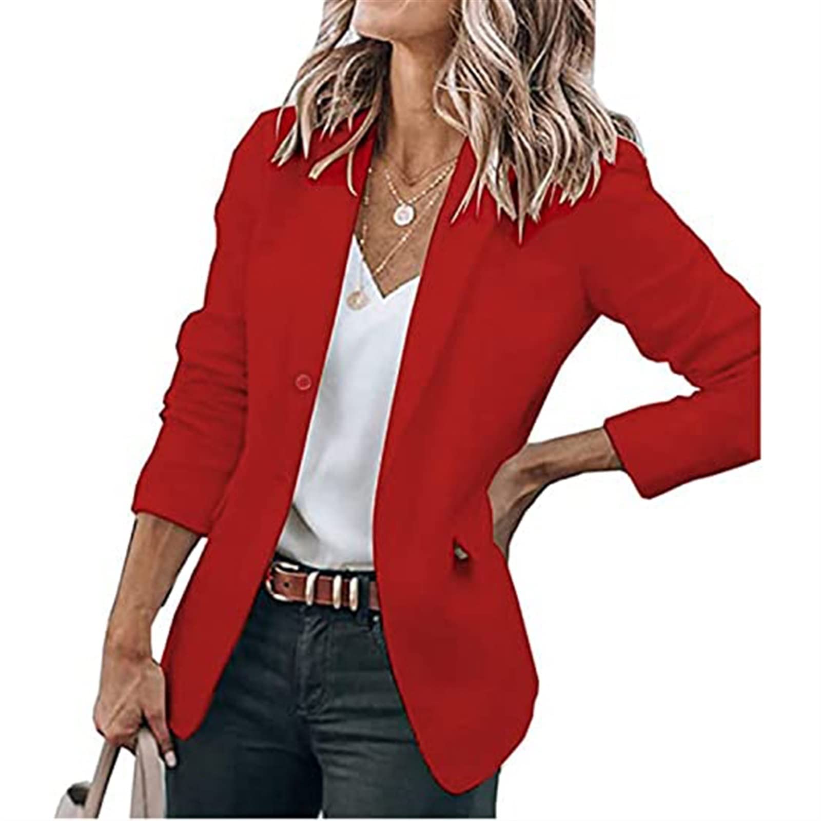 Damska Dopasowana Marynarka 3/4 Rękaw Elegancka Żakiet z Dzianiny Dresowej Solidna Praca w Stylu Casual Kardigan Biurowy z Guzikami