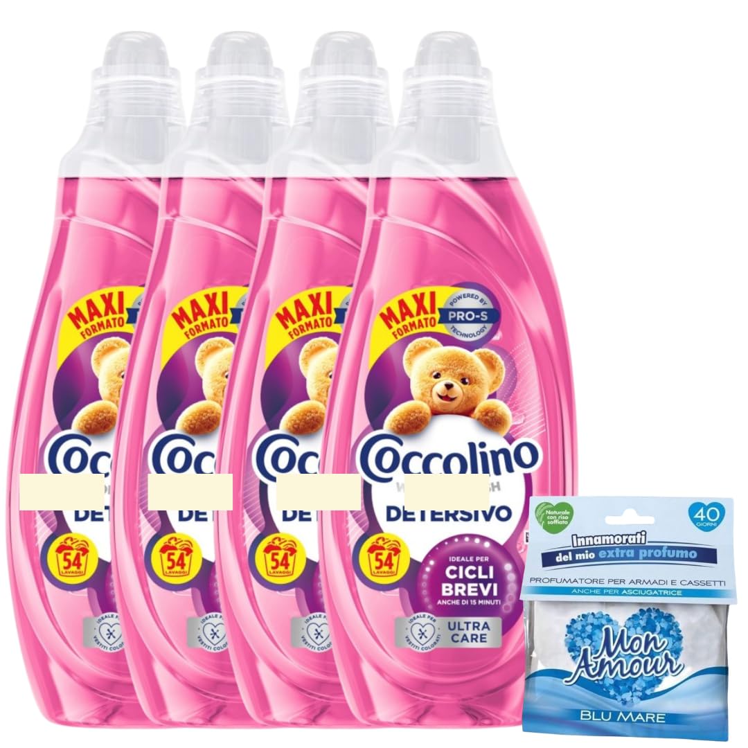 Coccolino Wonder Wash Ultra Care 4 x 54 Lavaggi (216 Totali) – Detersivo Liquido Lavatrice 2160 ml x4 – Ideale per Cicli Brevi – Maxi Scorta Convenienza + Profumatore Mon Amour in Omaggio