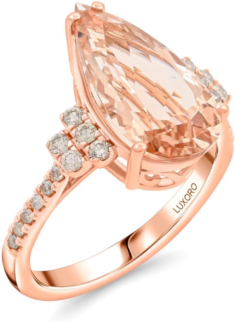 LUXORO AAA Morganite White Diamond Pear 14K Rose Gold Ring for Women Jewelry Birthday Gifts Size 7 Ct 5.38