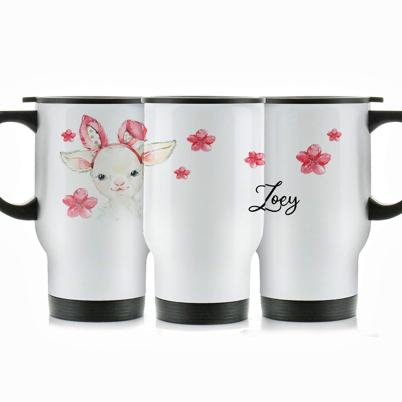 Hairyworm Personalised Travel Mug, 400ml White Stainless Steel Travel Mug with Handle, Customised with Initial/Name, White Lamb Pink Bunny Ears and Flowers Design Print
