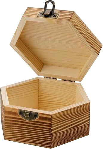 Miniatura 1 de KUMGROT Caja de madera hexagonal hecha a mano con tapa con bisagras y cubierta giratoria, caja de almacenamiento de madera de recuerdo vintage para