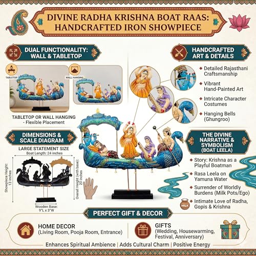 Image of KRAFTSKALA Radha Krishna Nauka Vihar Showpiece for Home Decor Wall Hanging & Tabletop | Metal Peacock Boat Raas Leela Statue with Wooden Base | Large Spiritual Decorative Idol