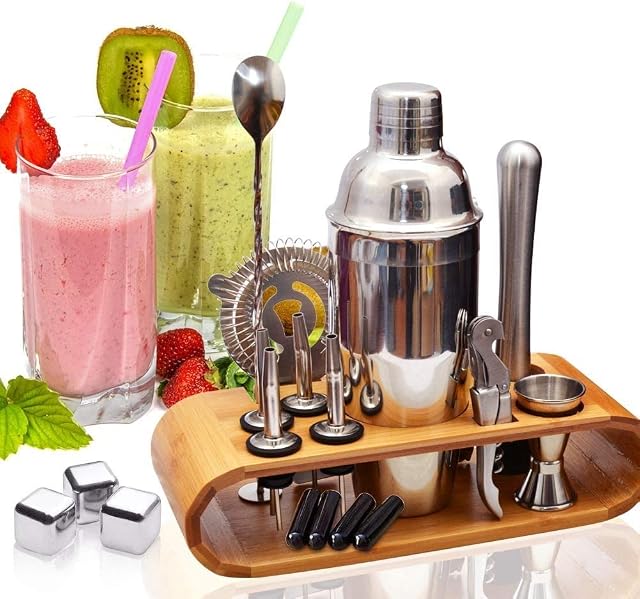 Cocktail Mixing Set, 18 Pieces Bar Tool Kit for Bartender, 750ml Stainless Steel Cocktail Shaker Set with Wooden Display Stand,Kitchen and Bar Cocktail Making Set