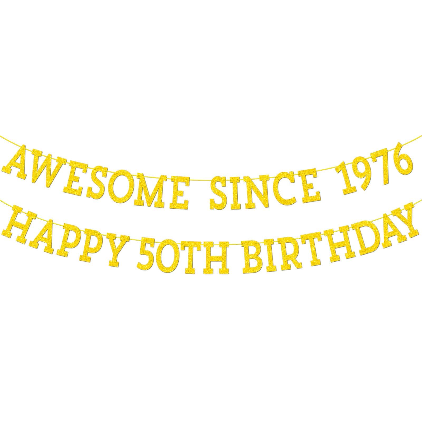 Awesome Since Banner, Gold Glitter Birthday Decorations, Adults Sparkling Milestone Party Decor Banner for Man and Women Happy Birthday and Anniversary Party Supplies (50th birthday banner)