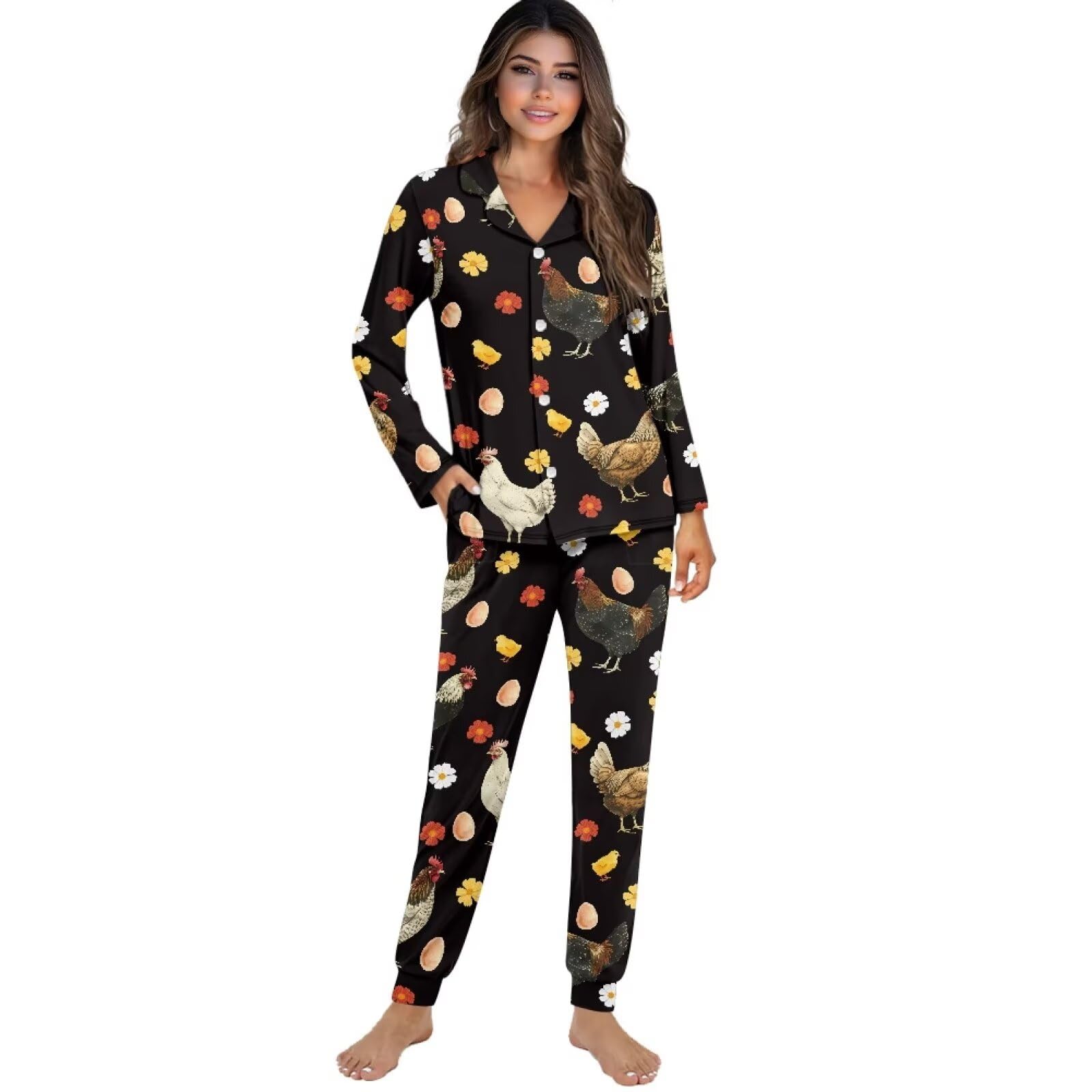 JEOCODY Pajamas Womens Lounge Set Soft Button Down Long Sleeve Pajama Sets Casual Sleepwear
