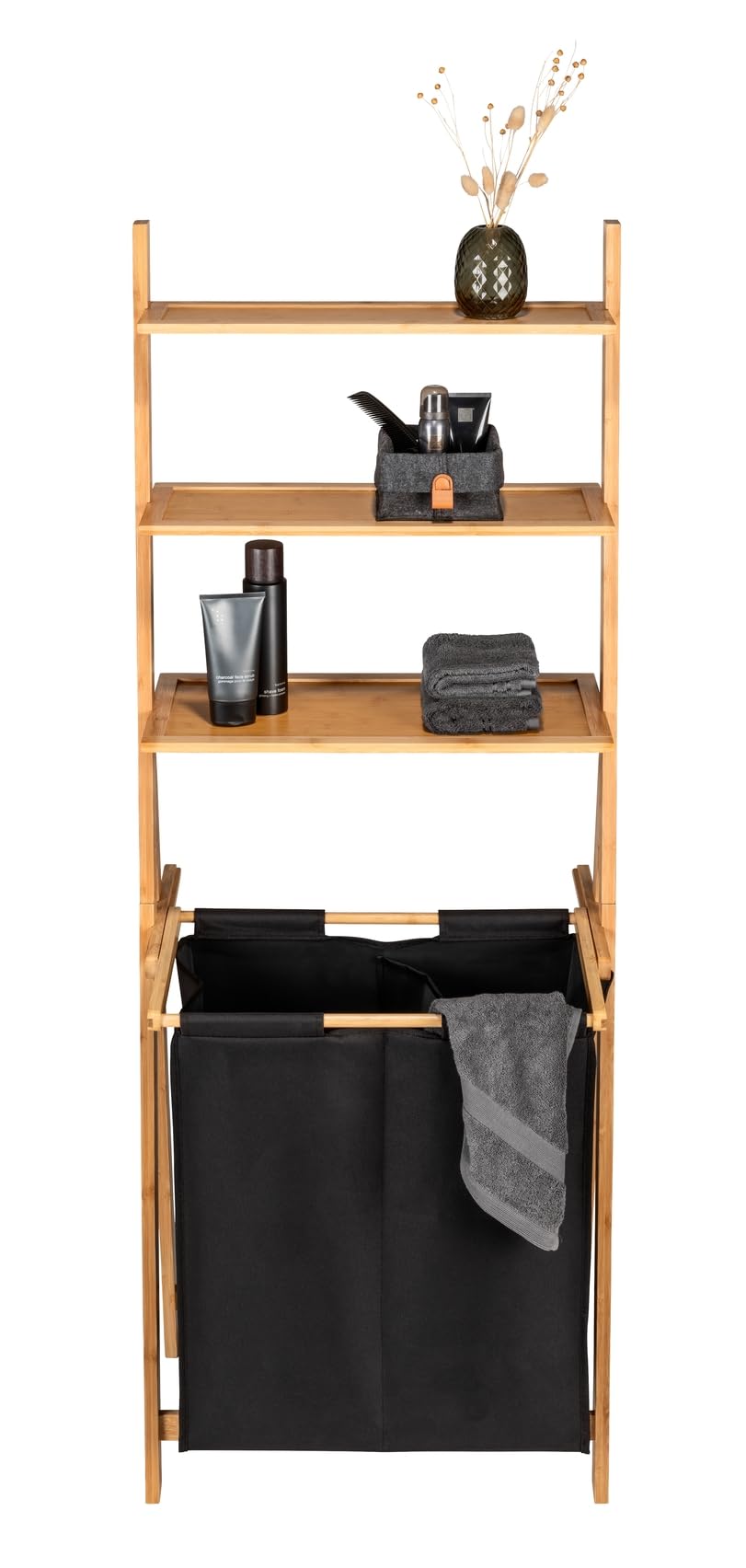 WENKO Leiterregal mit Wäschesammler Ecori, Leiter aus Bambus, Wäschekorb mit 2 Fächern (je ca. 33 L), Textil aus recyceltem Polyester, Schwarz