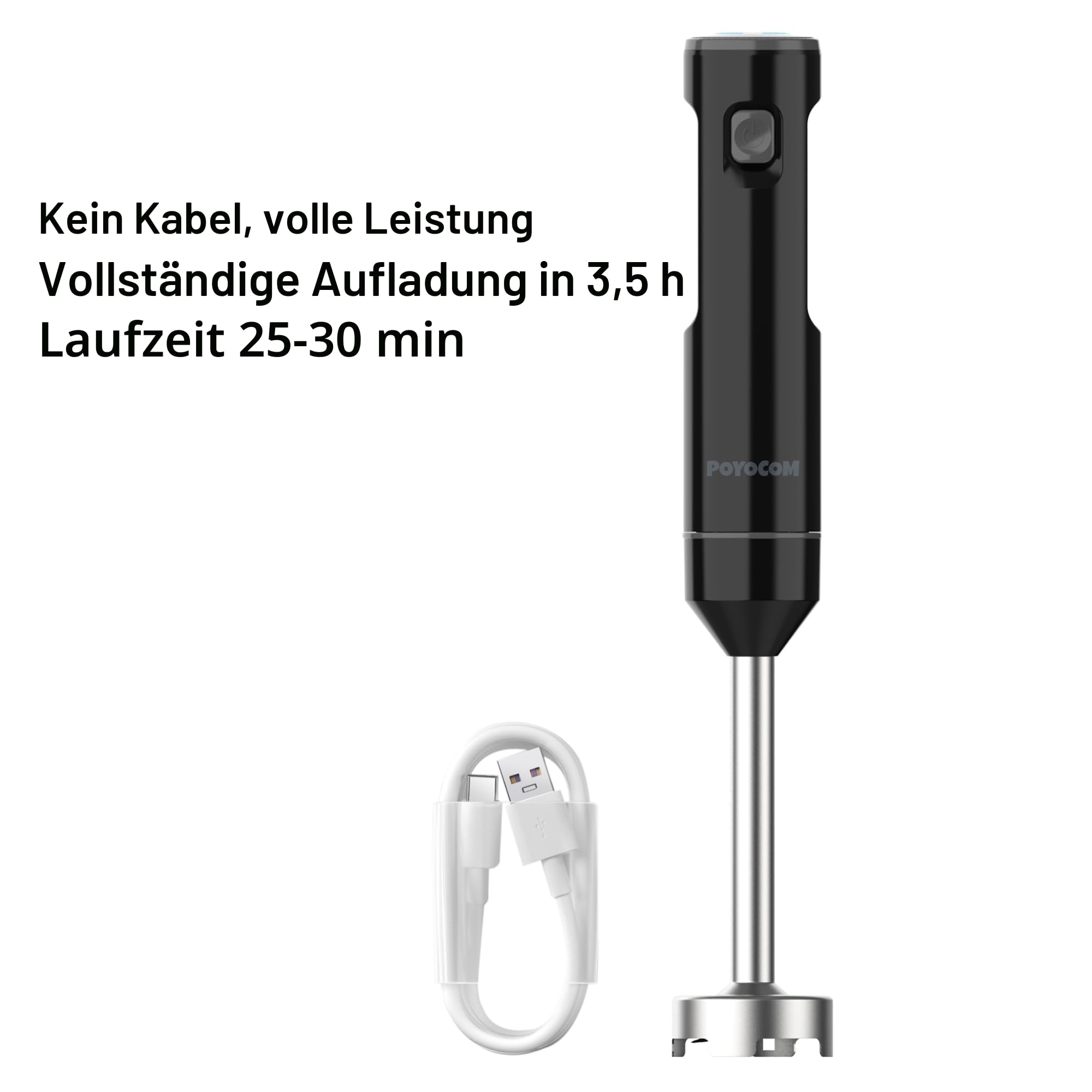 Stabmixer Kabellos, Akku Stabmixer, mit TYP-C-Kabel, Lebensmittelhacker 500 ml, Behälter 600 ml, Schneebesen, für Smoothies, Babynahrung und Suppen – Schwarz