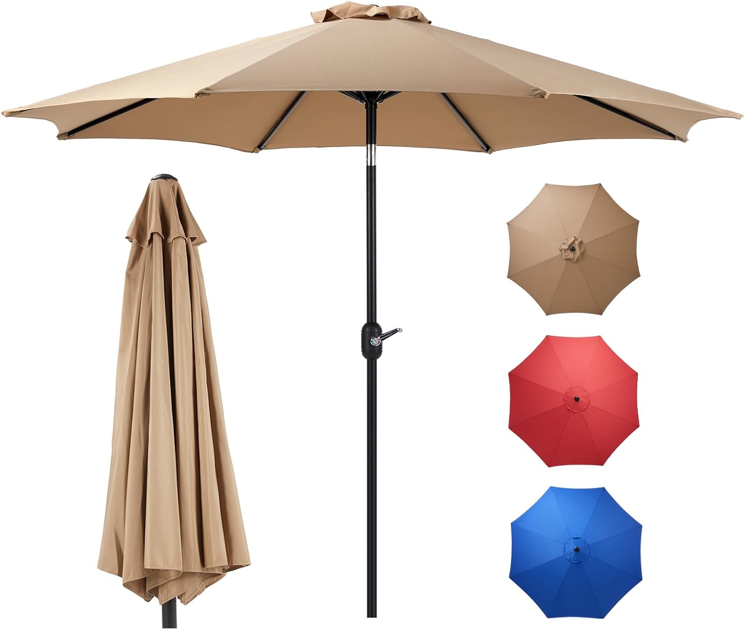 SMUG Outdoor Patio Umbrella with Push Button Tilt and Crank, Waterproof Table Umbrella with 8 Sturdy Ribs, Pool Umbrella for Market, Beach, Garden, Deck, Backyard,Terrace, Restaurant, Tan