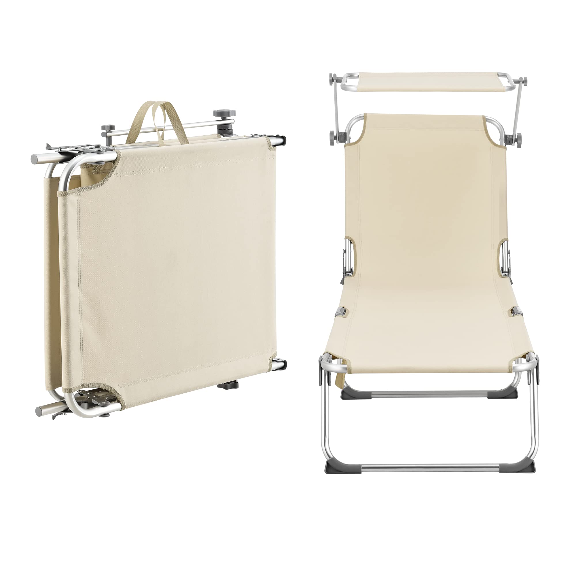 [en.casa] Lettino Prendisole Portatile con Tettuccio Parasole Regolabile Schienale Reclinabile in 4 Posizioni Sdraio Pieghevole con Tracolla Carico Max.115 kg - Beige