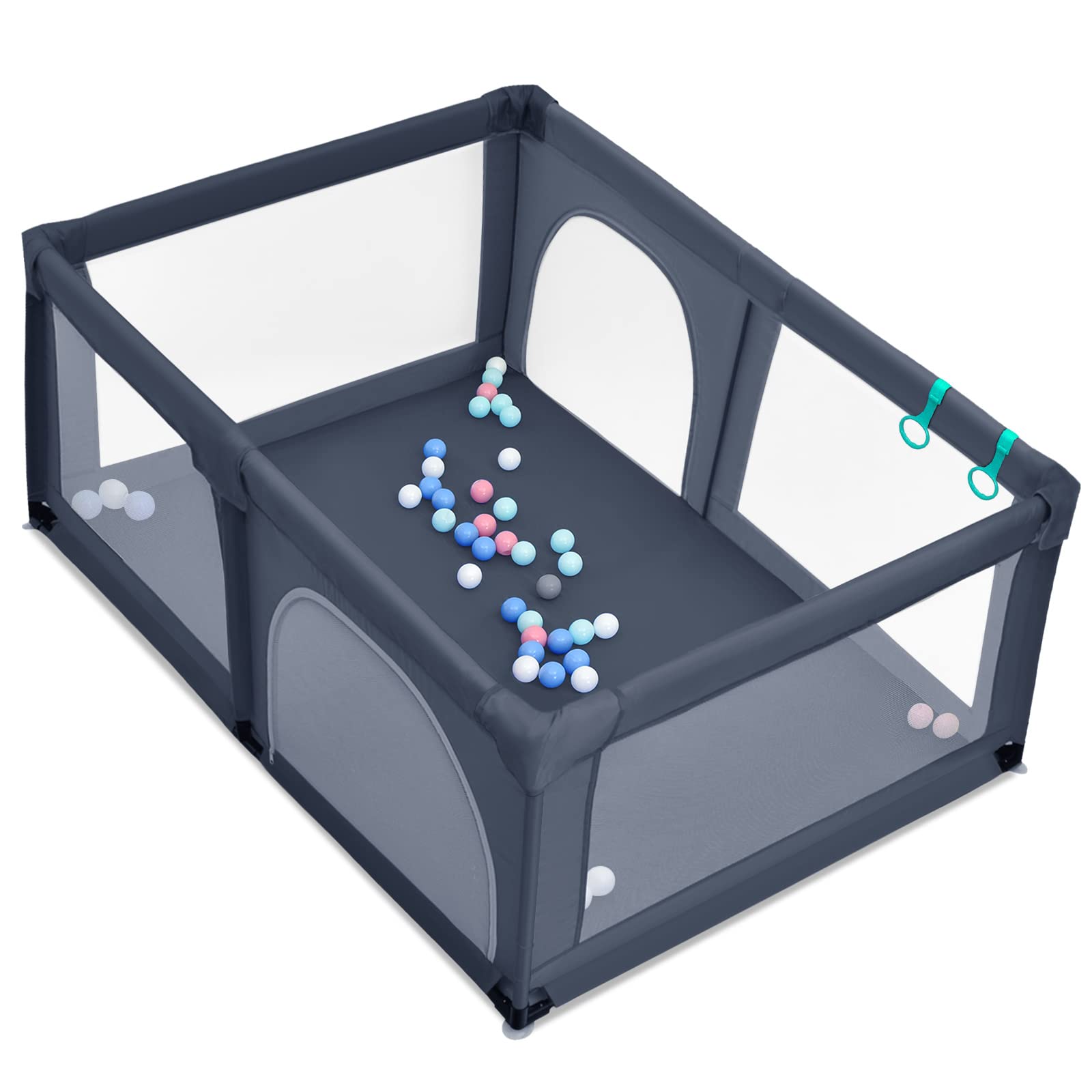 COSTWAY 120 x 190cm Baby Laufstall mit 50 Spielbällen, Laufgitter mit atmungsaktivem Netz und Reißverschluss, Krabbelgitter 2 Türen, Laufgitterzelt für Säuglinge und Kleinkinder (Dunkelgrau)