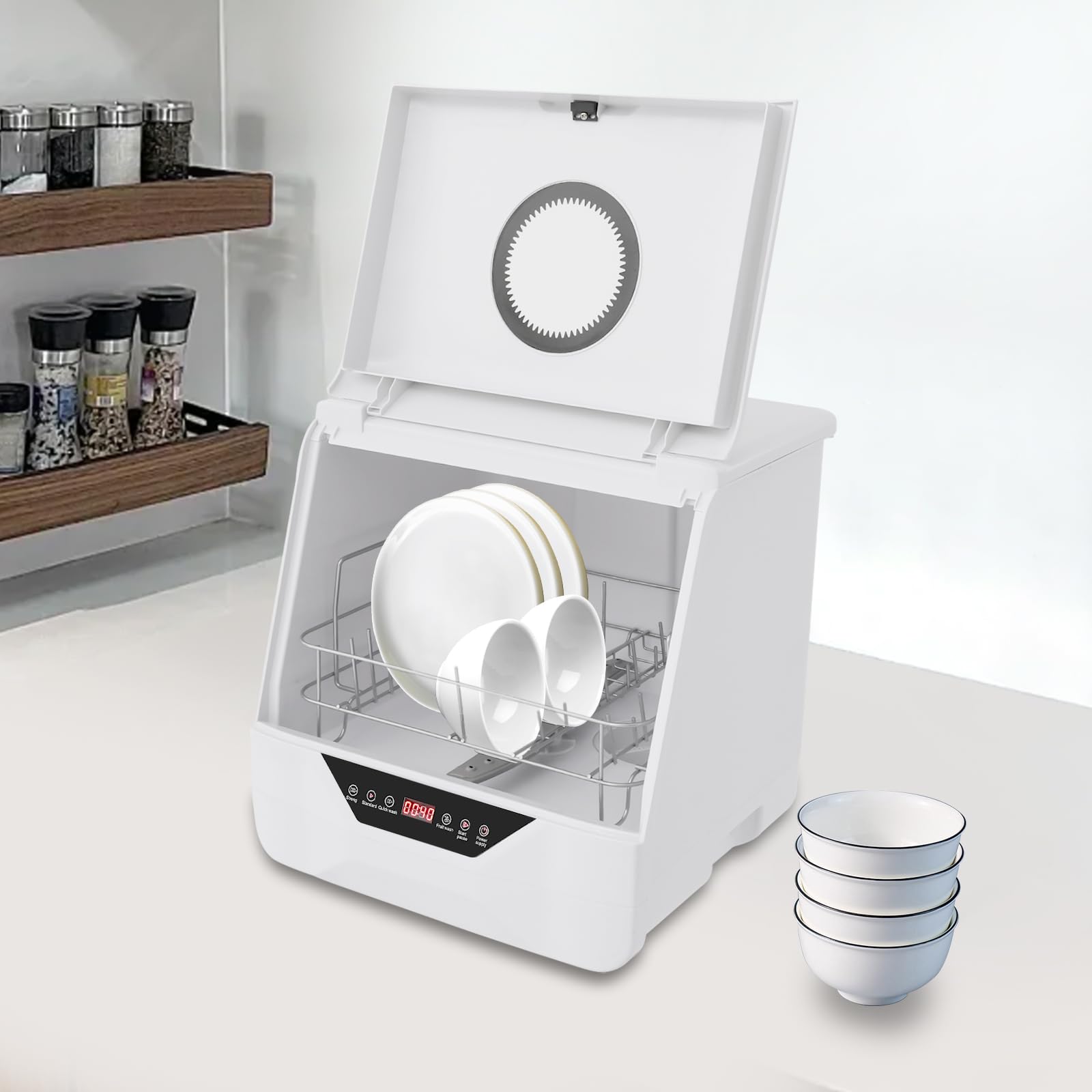 Tischgeschirrspüler mit 4 Waschmodi Geschirrspüler | Wasserverbrauch 6L | für 5 Personen | 360°-Rundumwäsch | Wasserstecker anschließen | 800W | Touch Control LED Anzeige | klein Tischspülmaschine