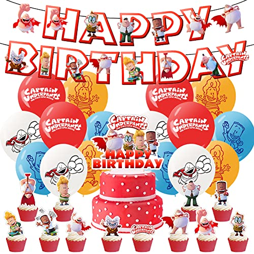 Ksopsdey 30 Pcs Captain Underpants Fiesta Cumpleaños Decoraciones Cake Topper Pancarta de Cumpleaños Baby Shower Decoraciones de Fondo Cartoon Globo de Latex para Niños Cover
