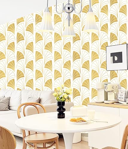 Yasinet Peel And Stick Wallpaper Gold And White Wallpaper Removable Geometric Contact Paper Modern Self-Adhesive Waterproof Textured Wallpaper Decorative For Walls Bedroom Vinyl Roll 118.7"X 17.3" #TOP6
