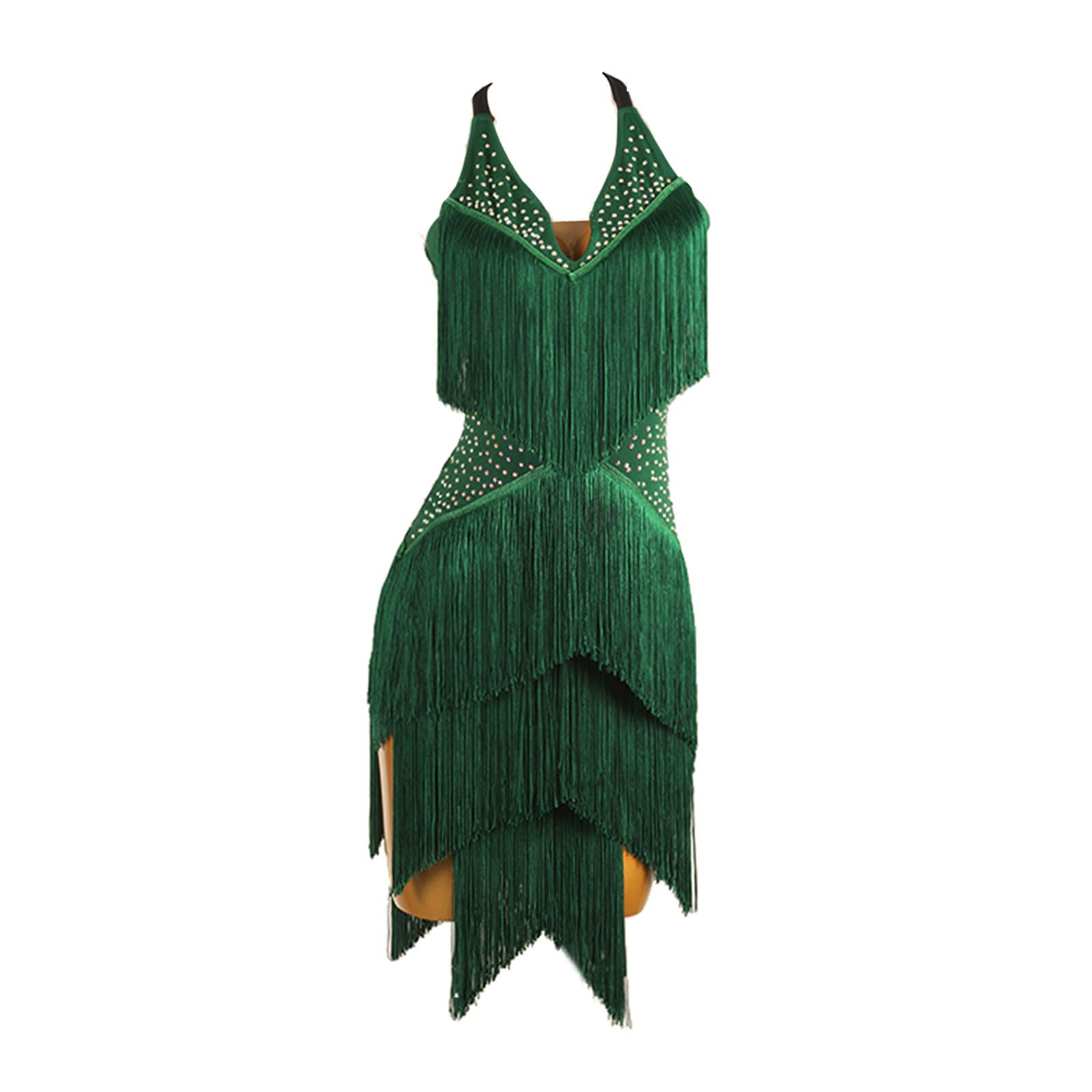 Damen Latin Rock Ballsaal Tanzkleid Wettbewerb Kleidung V-Ausschnitt Quasten Strass Ärmellos Tanzrock Rumba Samba Cha Cha Tanzkleidung