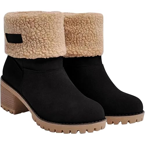 ENVEZ Winter Boots for Women Fashion Solid Color Suede Block Heel Ankle Boots Warm Plush Lined Mid Calf Boots Anti Slip Snow Boots