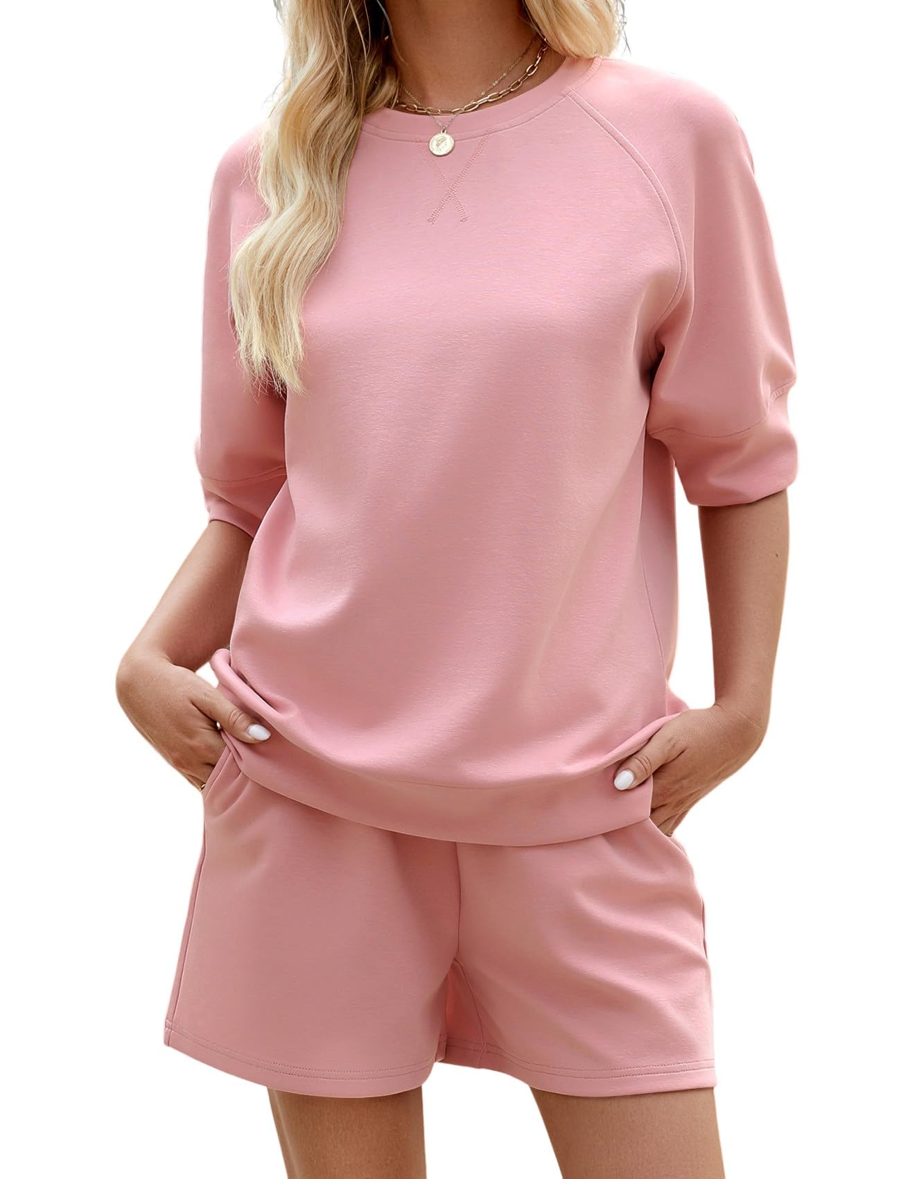 KFUBUO Women's 2 Piece Lounge Sets Summer Matching Outfits Short Sleeve Top and Shorts Loungewear