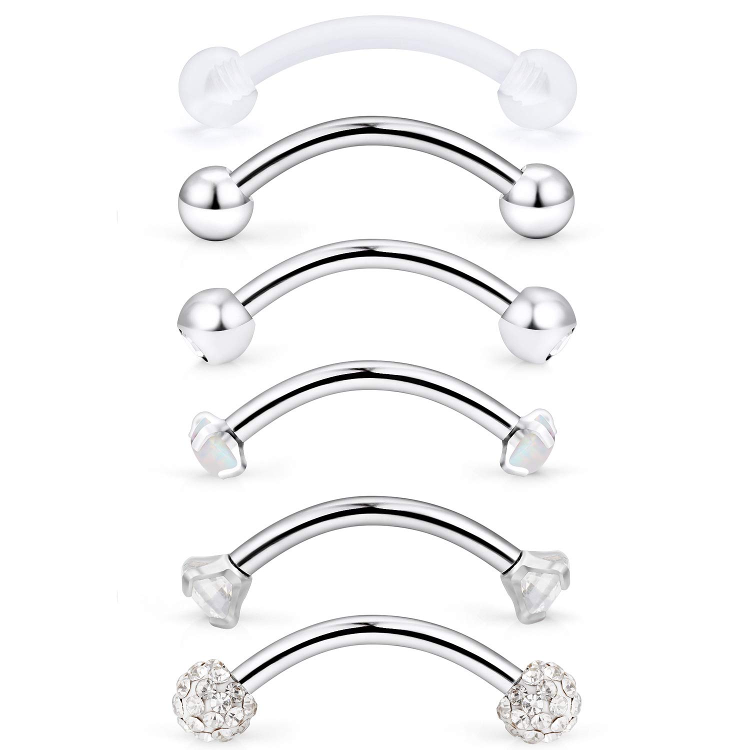 OcptiyOcptiy 16G Eyebrow Rook Piercing Jewelry 316L Surgical Steel Vertical Labret Lip Studs Curved Barbell Small Belly Button Ring Daith Earrings Piercing Jewelry 3mm Top CZ / 6mm 8mm 10mm Bars