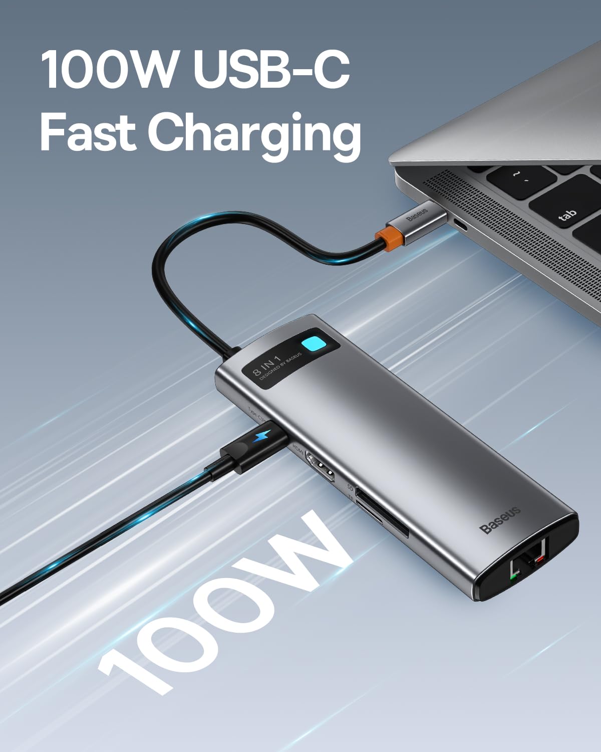 Baseus Adapter 8 w 1 USB C z HDMI 4K, Gigabit Ethernet, 100 W PD, 3 USB A 3.0, czytnik kart SD/TF, stacja dokująca USB do laptopów MacBook Pro/Air, Surface Pro, iPad Pro, Dell, Steam Deck itp