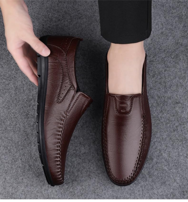 Mens Loafers Shoe Round Toe Leather Loafer Shoes Flat Heel Anti-Slip Resistant Prom Slip On3