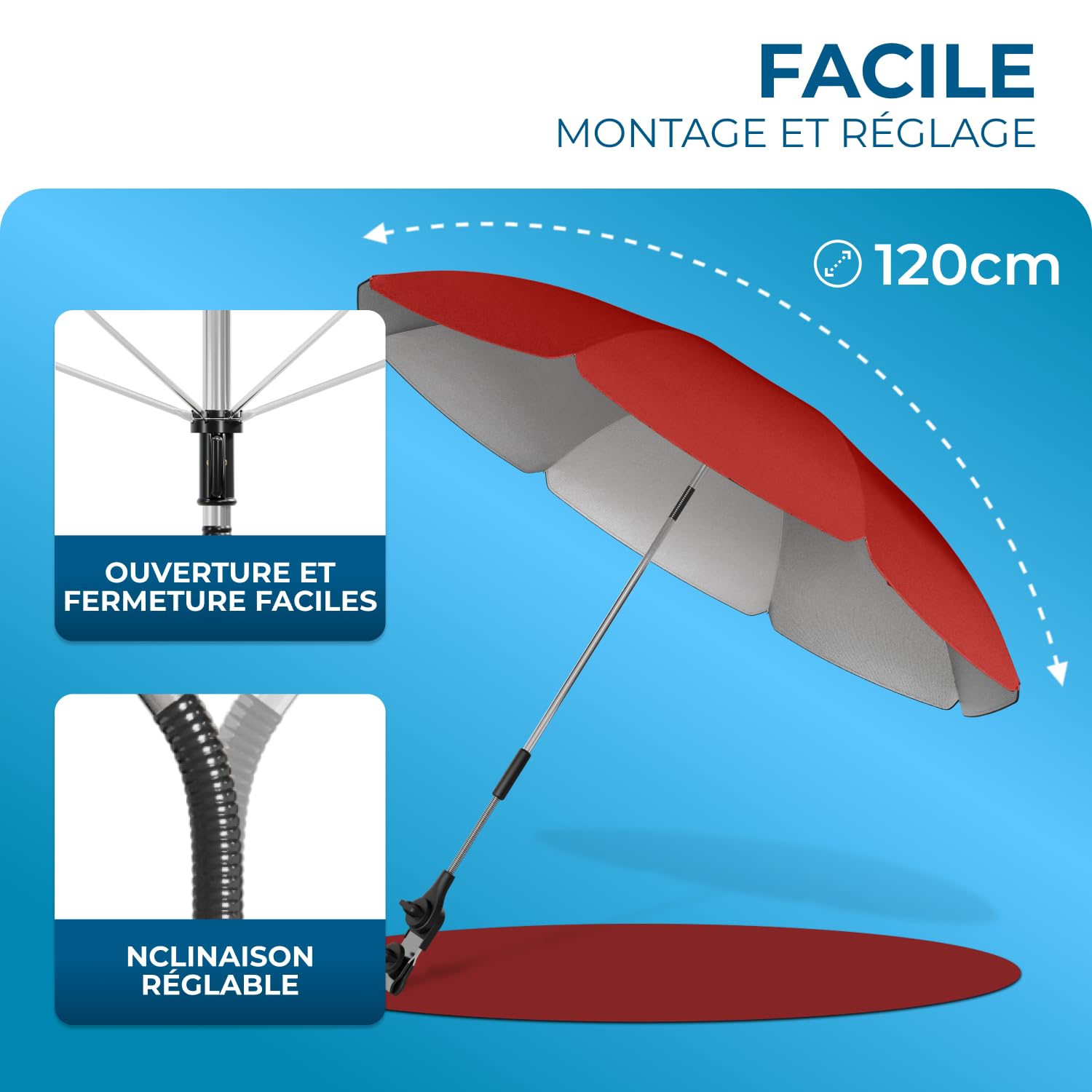 STYNGARD SAN FRANCISCO Parasol de Chaise et Transat pour Camping I Parasol Clipsable avec Pince Universelle, Protection UV 50+, Dôme 120 cm I Convient Balcon, Chaise Longue et Chaise de Camping