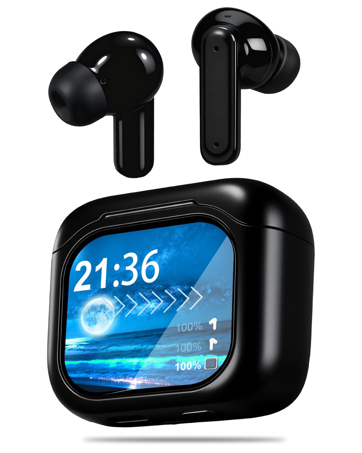 Canareen Bluetooth Kopfhörer mit Touchscreen, In Ear Kopfhörer Kabellos Bluetooth 5.4, In-Ear Ohrhörer mit ANC+ENC Noise Cancelling, IP7 wasserdichte Kopfhörer, Wireless Earbuds, Schwarz