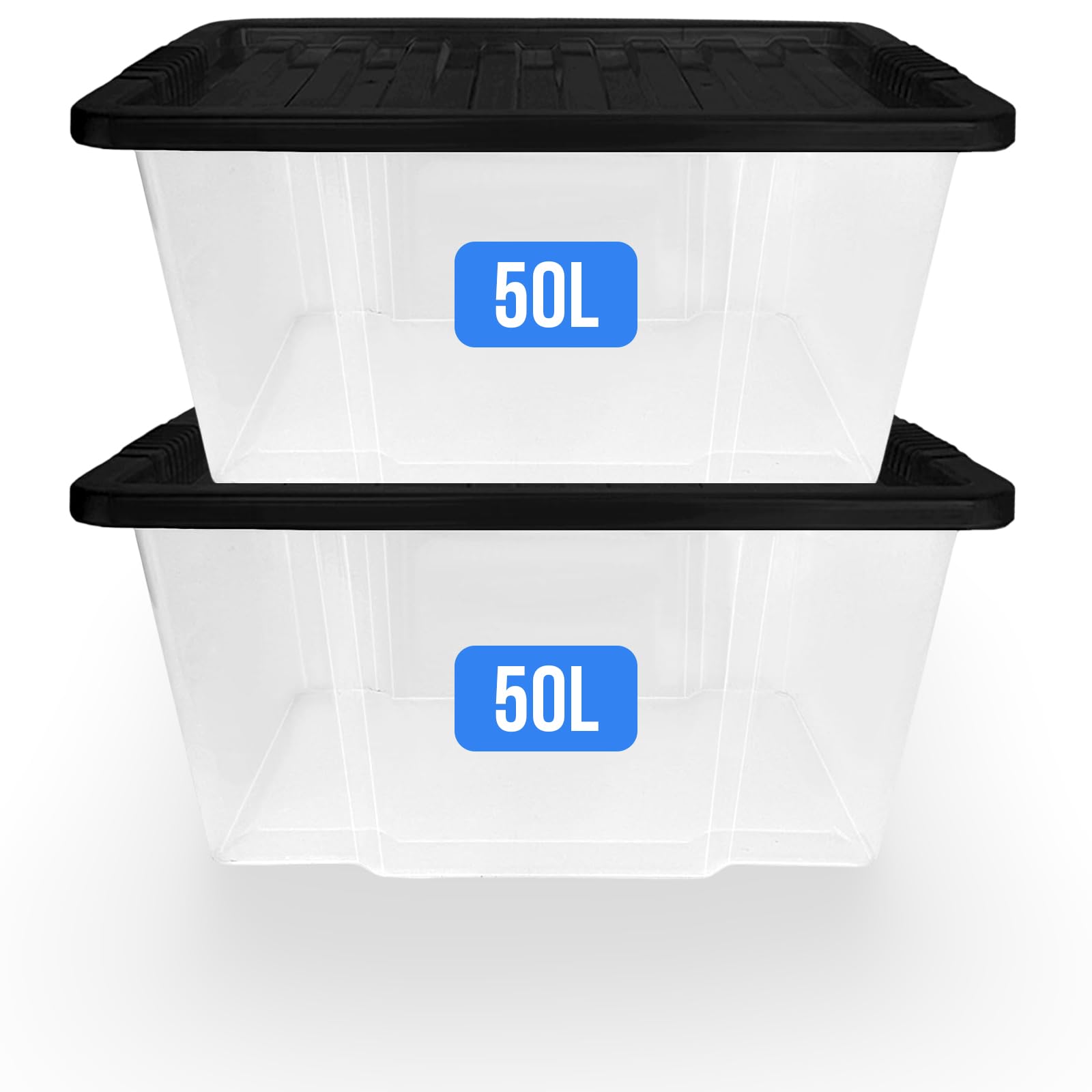 Kapco Clear, Black Large Plastic Storage Boxes With Lids - 50L Clear Stackable Containers For Garage, Toys, Clothes, Kitchen, Home Organiser - Bpa Free Plastic Tubs With Black Lid (Set Of 2) | 50 Litre
