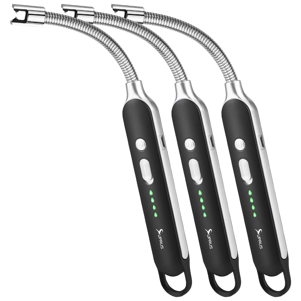 SUPRUS Electric Rechargeable Arc Lighter with LED Battery Display Long Flexible Neck USB Lighter for Candle Cooking Black