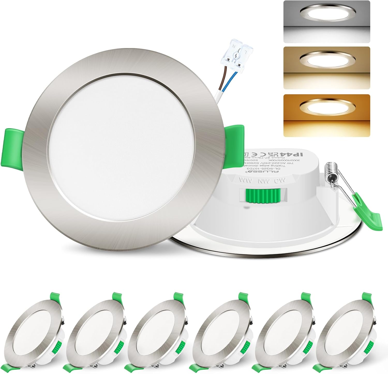 Alusso LED Recessed Spotlights 230 V 7 W 3CCT Dimmable 68 mm Spots Nickel [Energy Class D]