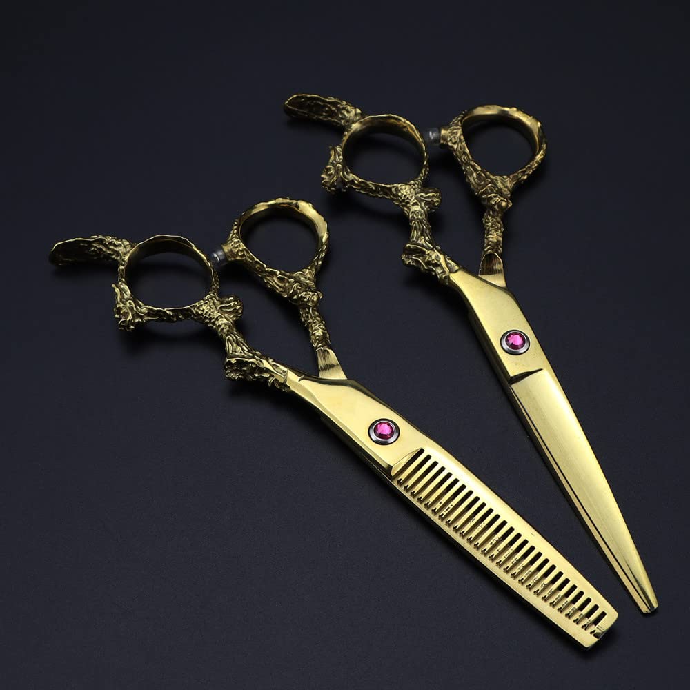 Tijeras de peluquería Profesionales de Acero de 15 cm con Mango de dragón Dorado para Cortes de Pelo y entresacado. Set de peluquería.