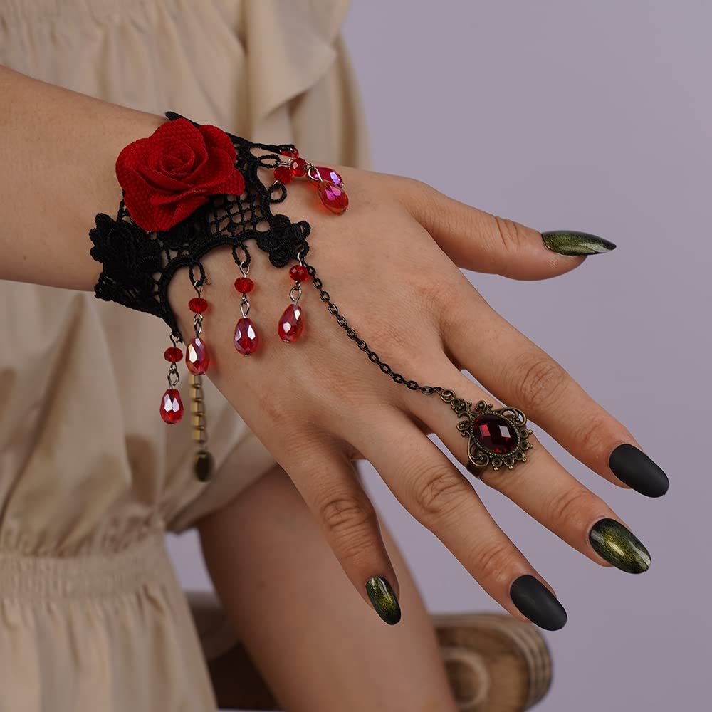 KercisbeautyKercisbeauty Flamenco Dance Red Rose Crystal Tassel Wristband Black Lace Bracelet for Women Girls Gothic Vampire Hand Chain Jewelry (Style 3)