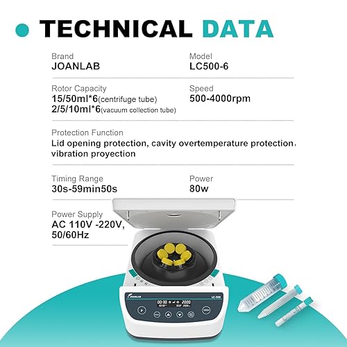 Miniatura 2 de JOANLAB Máquina de centrífuga 0.1 fl oz0.2 fl oz0.3 fl oz0.5 fl oz1.7 fl oz x 6, baja velocidad 500-4000rpm, 2146xg RCF Lab Benchtop Centrifugadoras