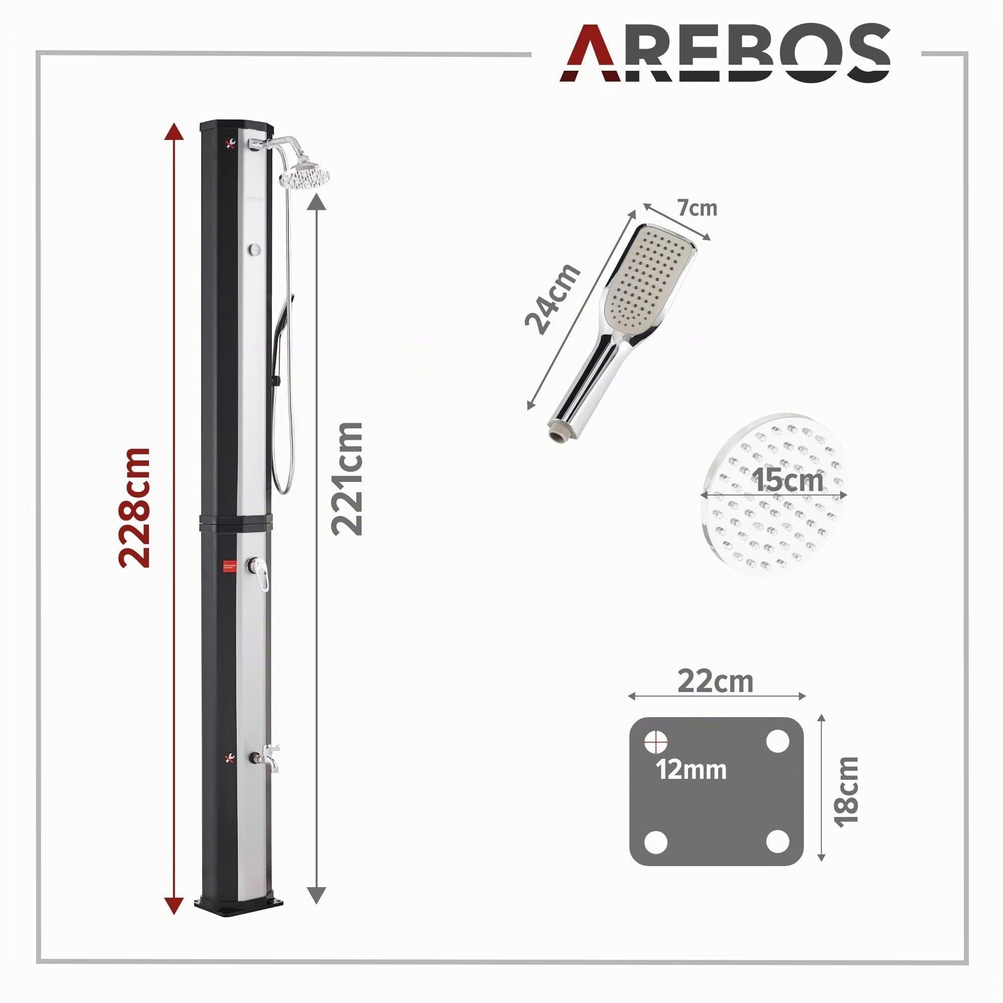 AREBOS Douche Solaire 60 L | avec douchette & thermomètre | Température de l'eau jusqu'à 60°C Douche Piscine Camping | Pommeau de Douche Rond | Technologie Snap-in | Couverture Incluse | Noir-argenté