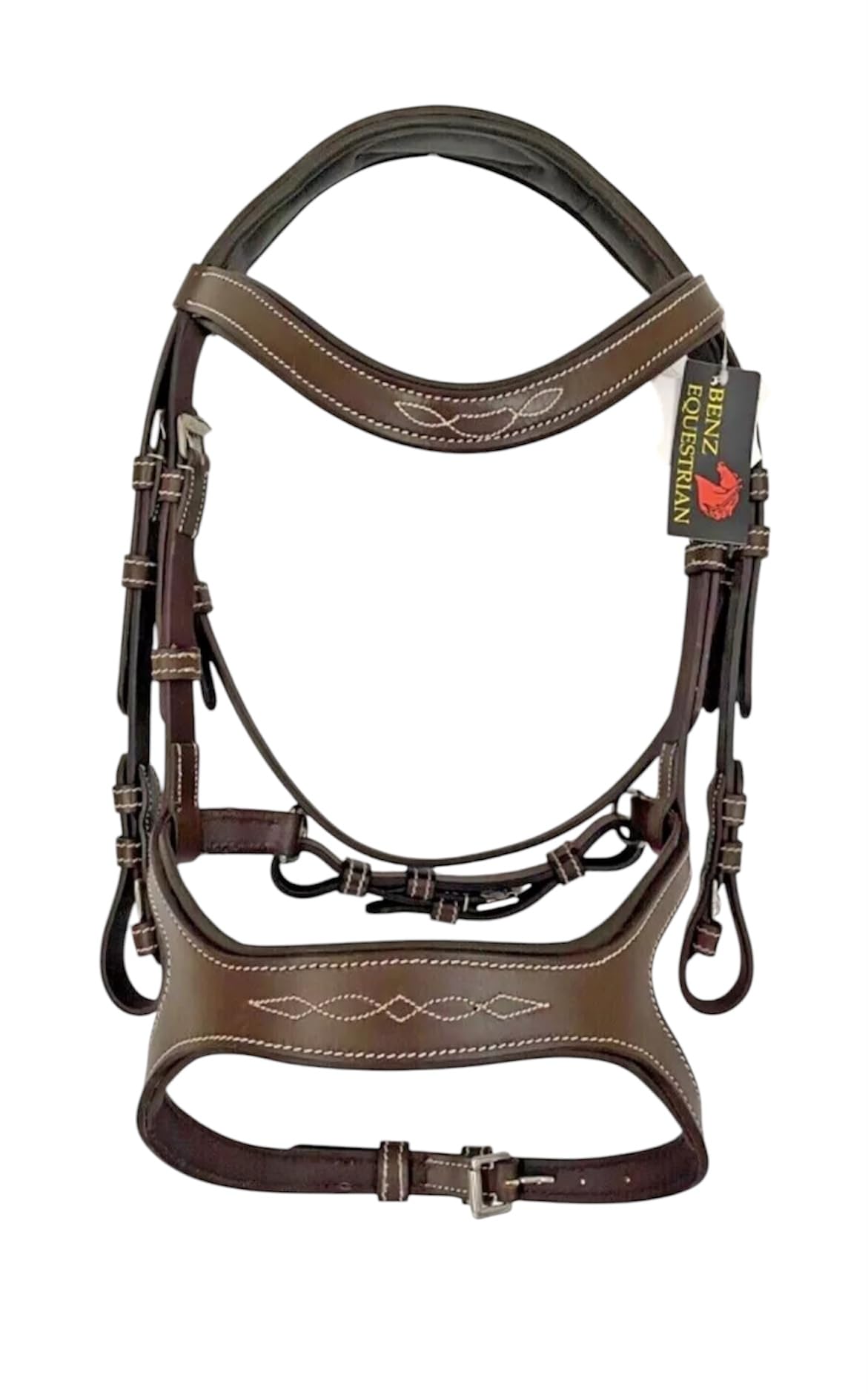 Benz Equestrian Bridle Padded Comfort Anatomical headpiece & Nosenband free rubber reins black brown full and cob horse jumping Dressage. (Brown, full/horse)