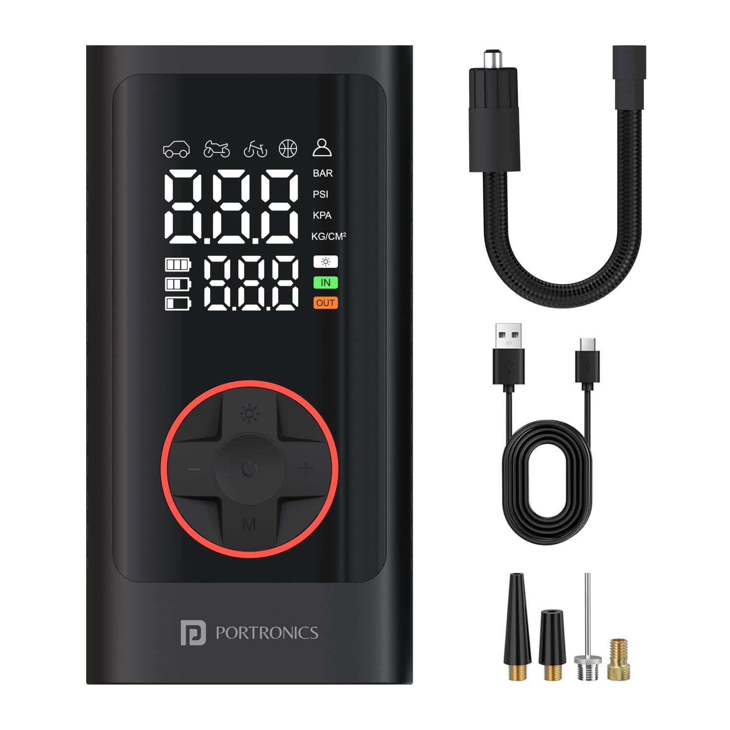 Portronics Vayu 7.0 Tyre Inflator, Full-Size Digital Display, 4000 mAh Battery, 150 PSI Pressure, Preset Modes, Flashlight with SOS, Pressure Detection, for Cars, Bikes, Bicycles & Balls(Black)-image-1