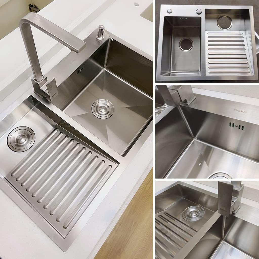 Laundry Utility Sink With Washboard Stainless Steel Kitchen Sink with Faucet Household Pool Balcony Room Wash Basin Easy Clean Double-Bowl, 600mm/23.6Inch