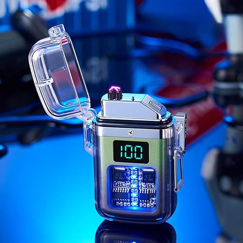 防水 防風 ダブルアークライター USB充電式 電気ライター 男女兼用 USBケーブル付き 充電器なし (ブラックグリーン)