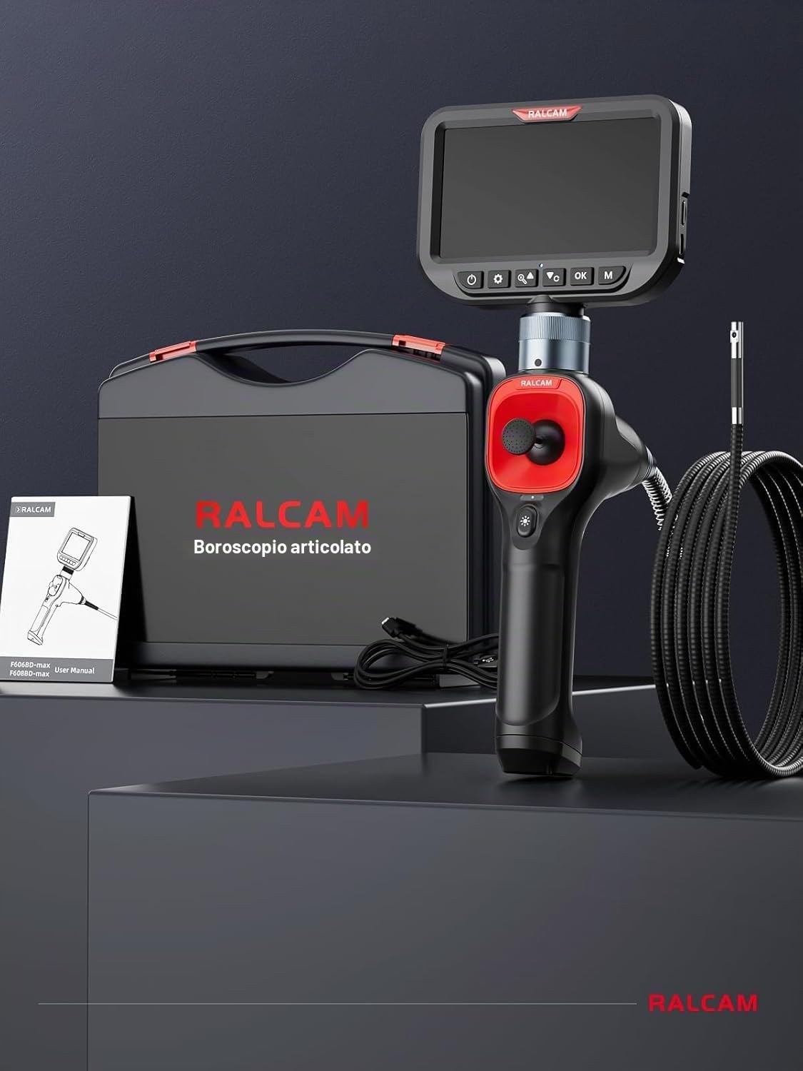 Ralcam Telecamera Endoscopica 360° a Doppio Obiettivo, Schermo HD da 5", Sonda da 6,5 mm, Impermeabile IP67, con 6+1 LED e Cavo Semirigido da 1,5 m per Ispezione di Tubi e Motori