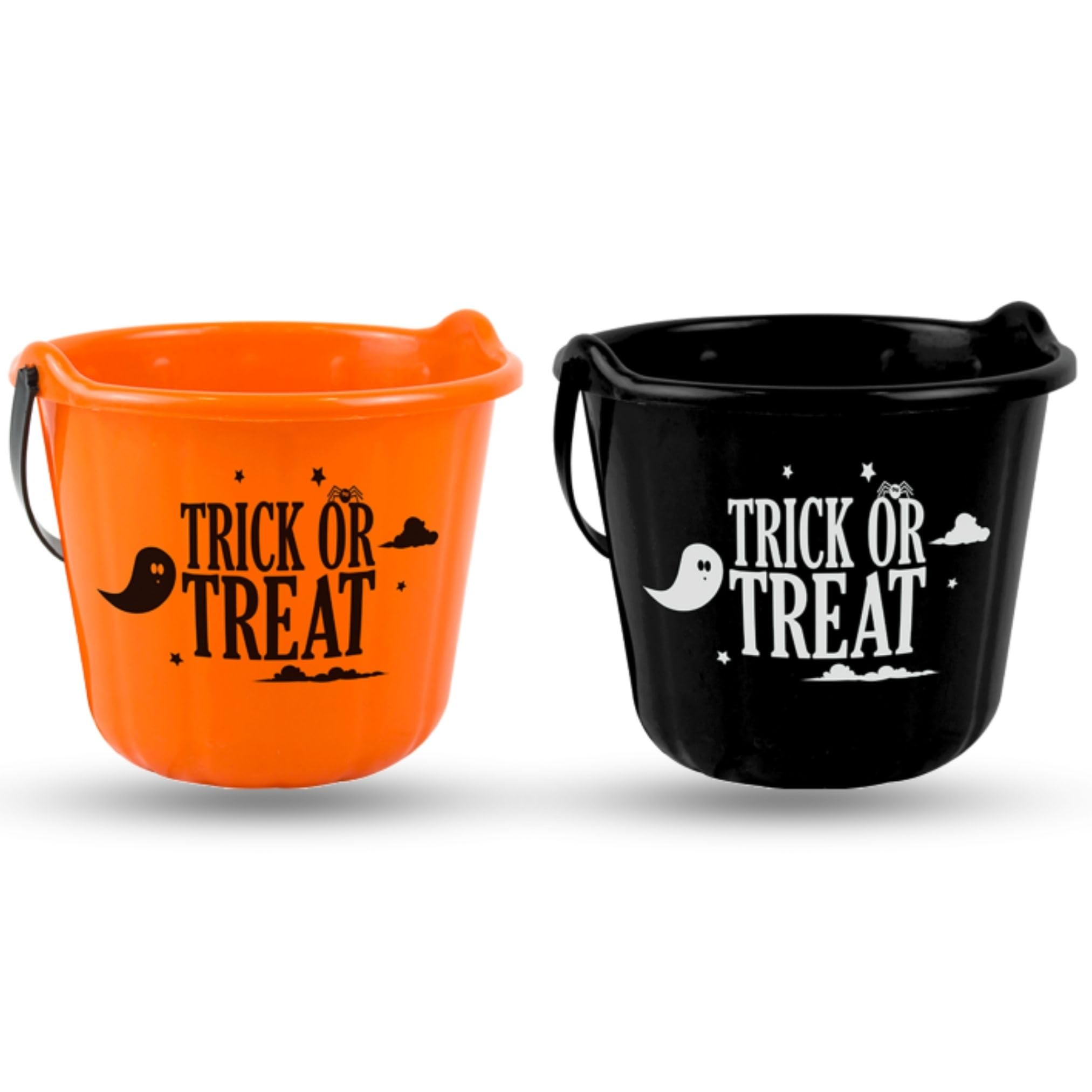 Akh Black And Orange Akh® Halloween Trick Or Treat Cauldron Bucket | 22Cm | Pack Of 2 | Plastic Candy Collection Bucket With Handle | Perfect For Halloween Parties, Trick-Or-Treating, And Spooky Decorations