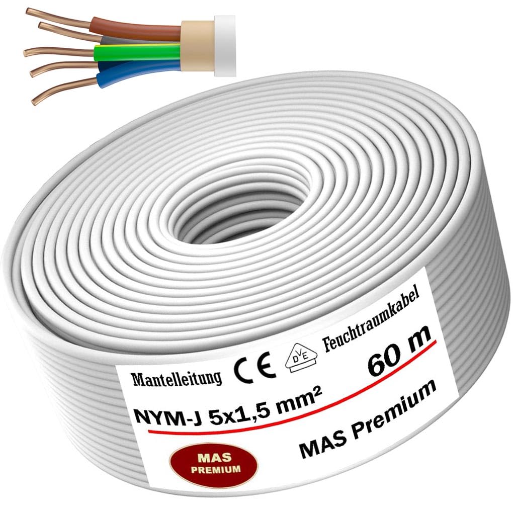 Kabel zasilający do wilgotnych pomieszczeń, kabel zasilający od 5 m do 170 m, przewód płaszczowy NYM-J 5 x 1,5 mm², kabel elektryczny pierścień do stałego układania (60 m)