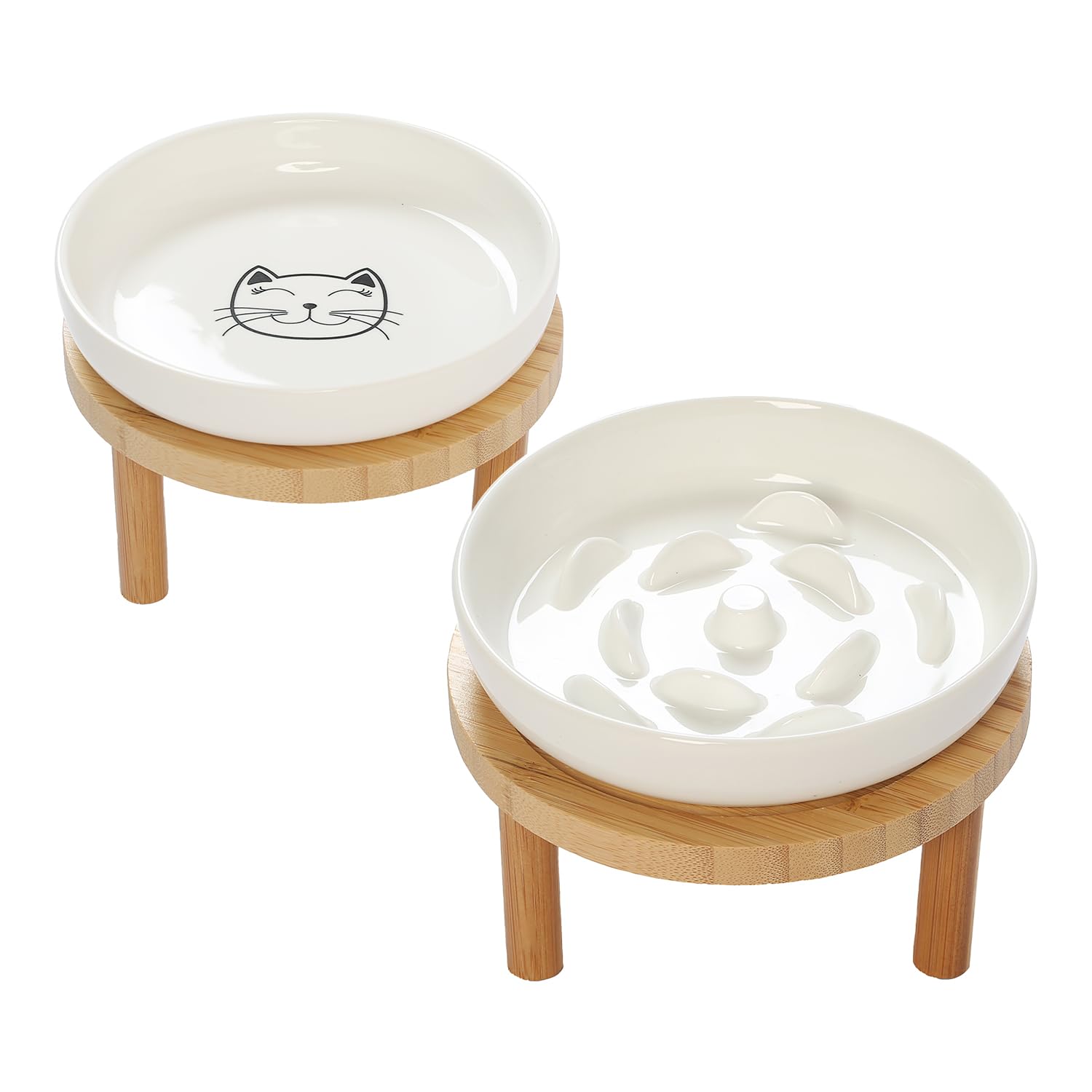 Raised Slow Feeder Cat Bowl, 5.9 Inch Wide Shallow Ceramic Elevated Glass Food Bowl Puzzle Feeders, Anti Vomit Cat Dish, Whisker Friendly Pet Plates Feeding Station for Indoor Cats, Kitten(2 Set)