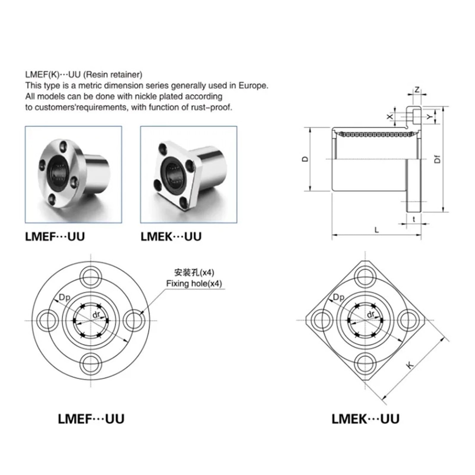 1 rodamiento de guía lineal con brida estándar europea LMEK12/16/20/2/30/40UU(LMEK12..UU)
