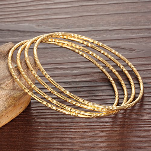 4U 18k Yellow Gold Classical Diamond Cut Bangle Bracelet Set for Women3