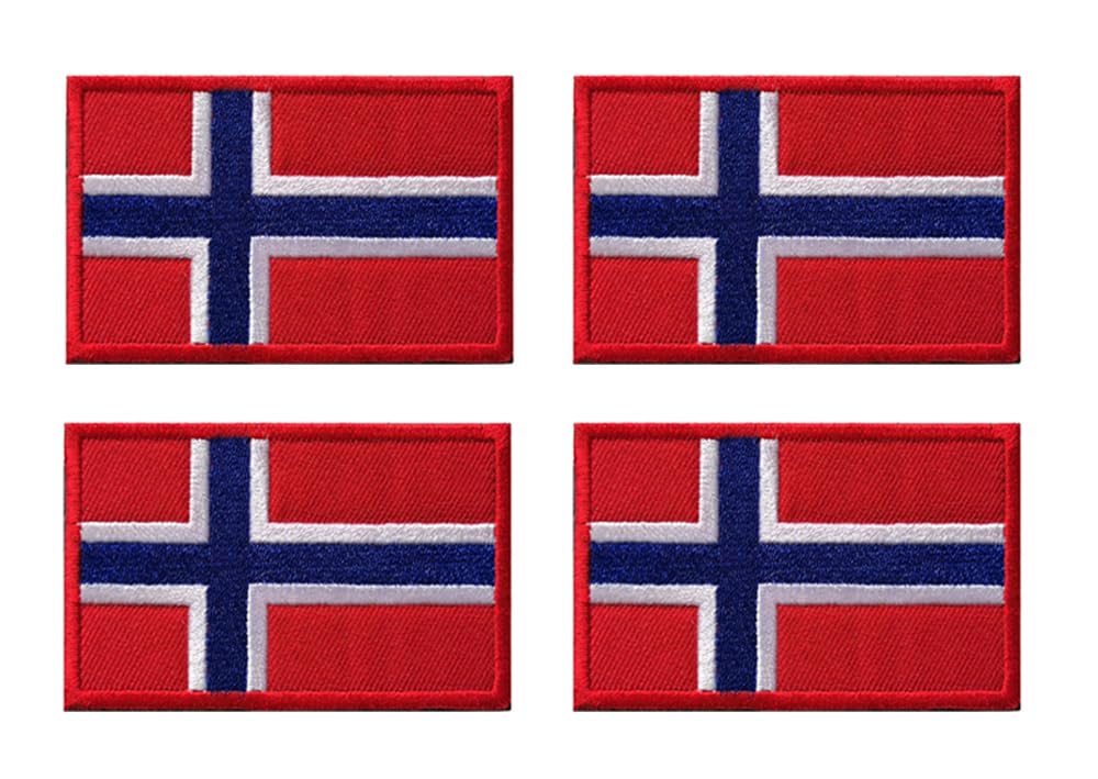 4 PCS Norway Flag Patch Norwegian National Iron On Sew On Applique Tactical Military Embroidered Emblem Patches for Clothing Jacket T-Shirt Jersey Pants Jeans Hat Bag Backpack Costume Vest